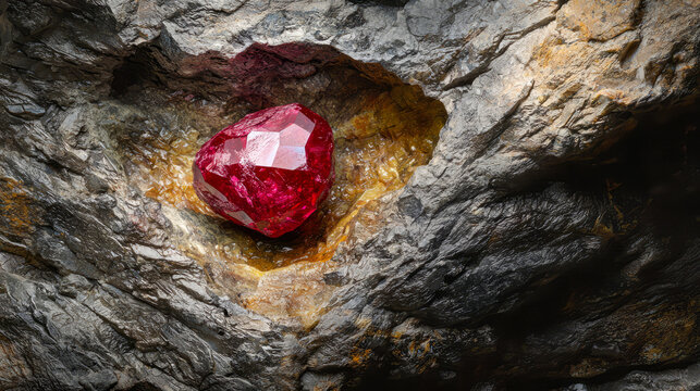 Vibrant red ruby gemstone in natural rock formation