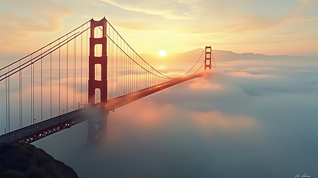 Golden Gate Bridge shrouded in morning mist