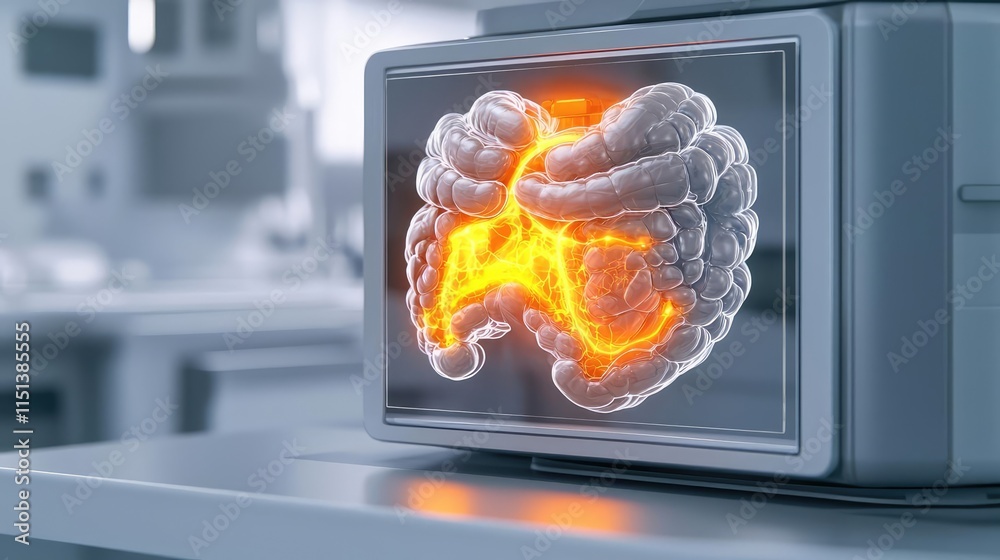 Poster Gastroesophageal reflux disease concept. An abstract representation of a brain with glowing pathways in a digital format.