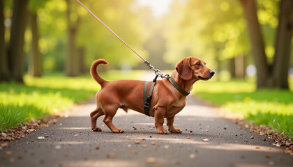 Dachshund dog on a walk in the park, playful outdoor pet lifestyle.