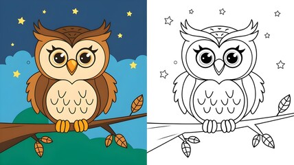 Fototapeta premium Adorable Cartoon Owl Perched Under a Starry Night - Colored and Outline Illustration