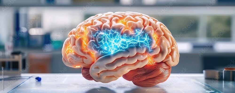 Poster epilepsy disease concept. a vibrant human brain showcasing neural activity and connections in a labo