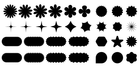 Fototapeta premium Minimalist Geometric Shapes Set collection. Modern Decorative Symbols, sticker, Labels, Logos and Icons. Stars, Flowers and Circles with Zig Zag Edge