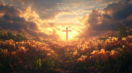 Obraz premium Sunset Cross Over Field Of Lilies