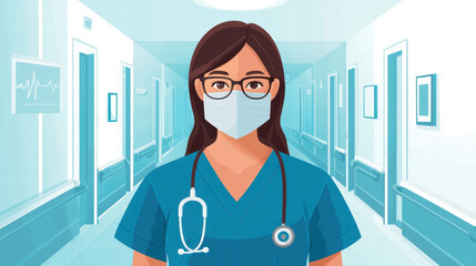 Healthcare professional wearing scrubs and mask in hospital hallway, conveying sense of care and professionalism. environment is bright and clinical, emphasizing recovery and support