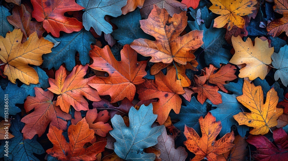 Poster oak leaves in vibrant autumn colors scattered on a forest floor with a soft focus background.