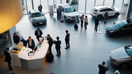 High-traffic car exchange area. Featuring staff busy with trade-in evaluations