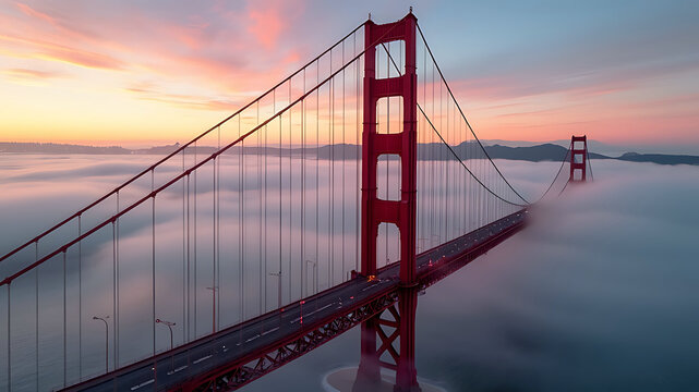 Golden Gate Bridge shrouded in morning mist - Powered by Adobe