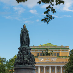 Obraz premium The Monument to Catherine II is a monument on Ostrovsky Square in Saint Petersburg, erected in honor of Empress Catherine II in 1873. Crown of the Russian Empire. High quality photo