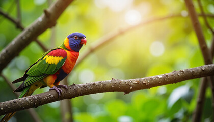 Vibrant rainbow lorikeet perched on a branch in a sunny forest.