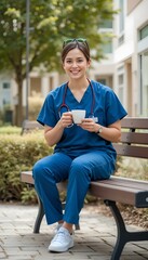 Fototapeta premium Female healthcare worker enjoying a cup of coffee while sitting on a bench outdoors