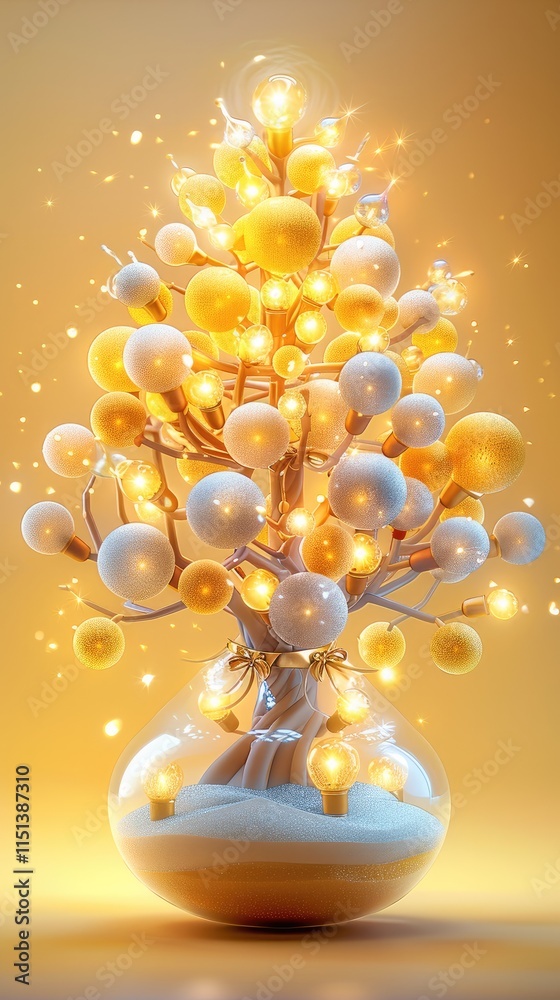 Poster The cute yellow tree packaging 3D rendering has a transparent shell filled with small light bulbs and wrapped in gold ribbon. Each light bulb has a different color. The background is light yellow.