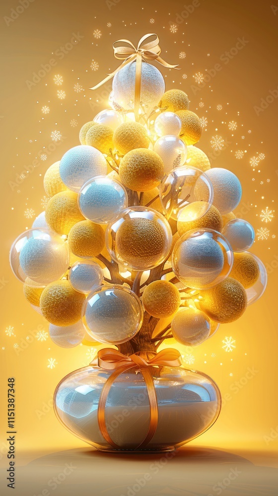 Aufkleber The cute yellow tree packaging 3D rendering has a transparent shell filled with small light bulbs and wrapped in gold ribbon. Each light bulb has a different color. The background is light yellow.