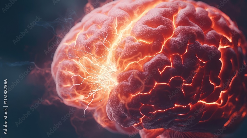 Poster epilepsy disease concept. a close-up view of a glowing brain showcasing neural activity and electric