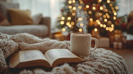 Cozy reading nook with a warm drink and a book during winter holidays. Generative AI.