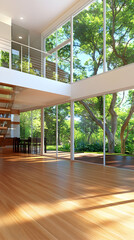 Obraz premium Modern house interior, sunlit hardwood floors, large windows showing lush green trees, architectural design, real estate.
