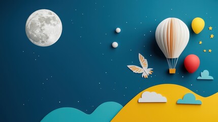 Fototapeta premium Whimsical Hot Air Balloon in Paper Art Landscape