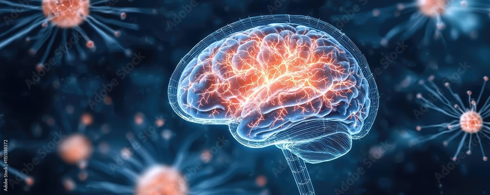 Poster epilepsy disease concept. digital illustration of a brain with neural connections and virus-like par