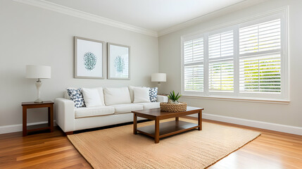 Modern living room interior design, hardwood floors, white couch, plantation shutters, sunlight, home staging.