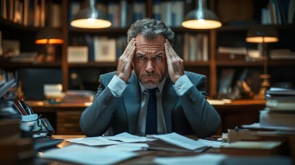 worried businessman rubbing his temples in office filled with paperwork, conveying stress and concern. dimly lit environment adds to tense atmosphere