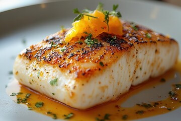 Pan-Seared Sea Scallops with Fresh Herbs and Citrus: A Gourmet Seafood Delicacy on Rustic Stone Plate