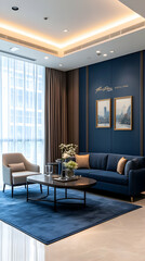 Fototapeta premium Modern luxury apartment living room, city view, relaxing interior design, real estate marketing.