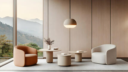 Modern minimalist lounge chairs mountain view interior design.