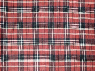 The pattern and background of the fabric has a red checkered motif