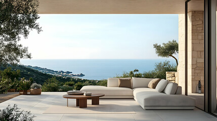 Modern outdoor lounge, sea view villa, coastal landscape, luxury home design, real estate marketing.