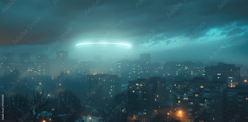 Poster strange luminous objects appear in the sky at night in the city.