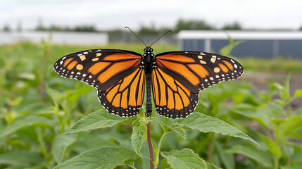 Naklejka premium Monarch Butterfly Perched on Plant, Greenhouses Background, Nature Conservation.