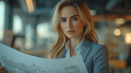 professional woman in business suit reviewing architectural plans, showcasing confidence and focus in modern office environment