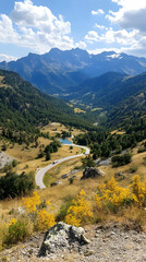 Mountain road winding through Alps valley, scenic summer landscape, travel poster.