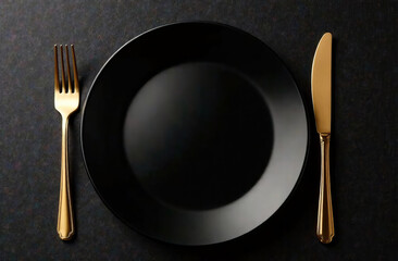 Black plate paired with a golden fork and knife. A stylish table setting. Isolated on white background