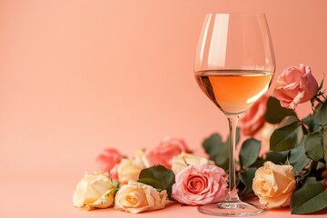 glass of wine with roses flowers on peach background with copy space, romantic valentines day postcard