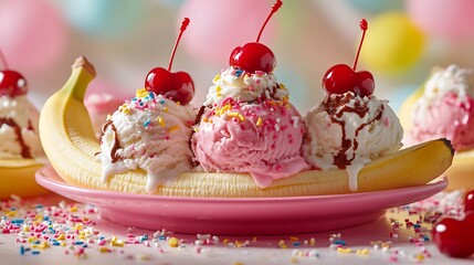 A vibrant dessert shot of a banana split with creamy scoops of vanilla, chocolate, and strawberry ice cream, halved bananas framing the dish, topped with colorful sprinkles, whipped cream swirls,