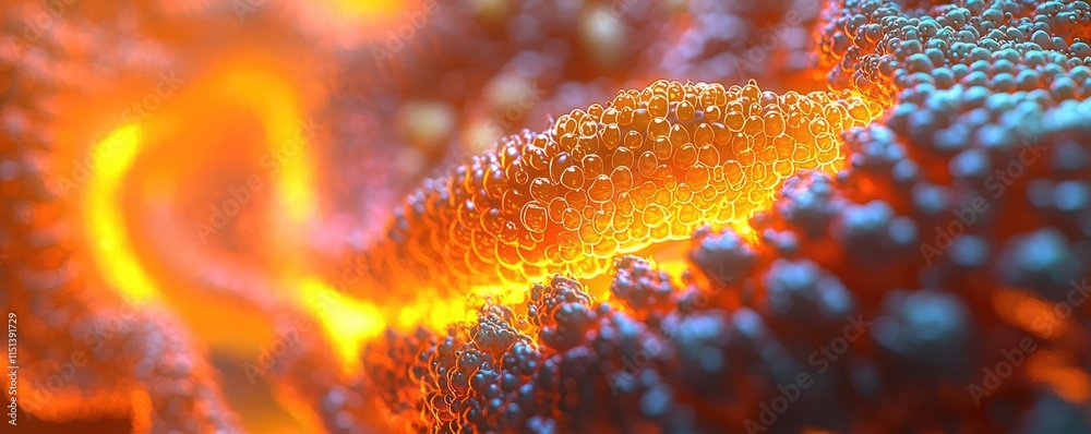 Poster Gastroesophageal reflux disease concept. Close-up view of vibrant, glowing microscopic structure with colorful patterns.