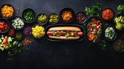 elevated hot dog presentation, carefully arranged border pattern, vibrant condiments and toppings, textured dark background, metal serving bowls, culinary arts photography, overhead perspective,