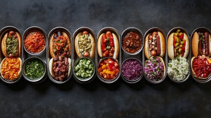elevated hot dog presentation, carefully arranged border pattern, vibrant condiments and toppings, textured dark background, metal serving bowls, culinary arts photography, overhead perspective,