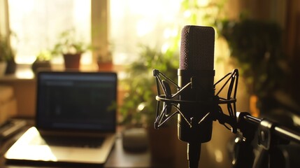 Close-up of a studio microphone in a home office setting with blurred potted plants and a laptop in the background.