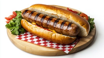 elevated street food photography, premium sausage sandwiches, artful mustard and ketchup presentation, wooden circular board, red and white checkered textile, fresh produce elements, side garnishes,