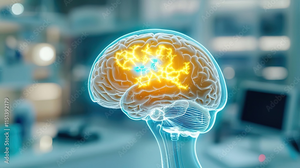 Aufkleber Epilepsy disease concept. An illuminated brain showing neural activity in a laboratory setting.