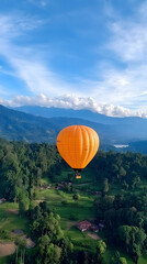 Fototapeta premium Orange hot air balloon soaring over lush green valley, mountains background, adventure travel.