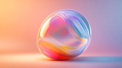 Abstract iridescent glass sphere on pastel background