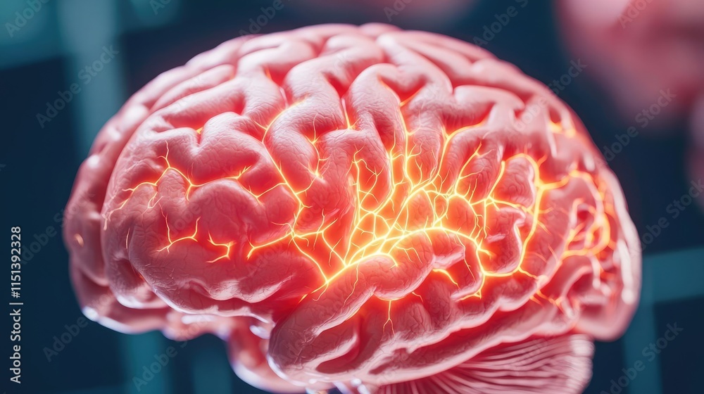 Poster Epilepsy disease concept. Close-up of a human brain with glowing neural connections showcasing its complexity.