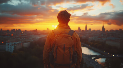 traveler gazes at stunning sunset over city skyline, with river flowing below. warm colors of sky create serene atmosphere, perfect for reflection