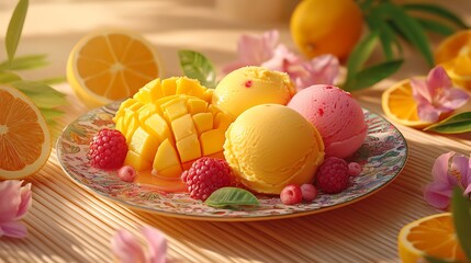 A tropical-themed dessert composition with scoops of mango, passion fruit, and raspberry sorbet on a patterned plate, surrounded by tropical flowers, leaves, and citrus slices,