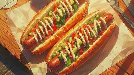 flatlay culinary shot, gourmet hot dog pair, soft bread rolls, grilled sausages, colorful vegetable garnish, white sauce zigzag, vintage cutting board, parchment paper, harsh shadows, documentary