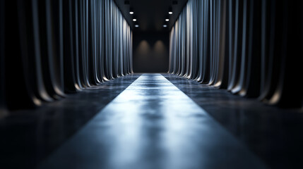 modern corridor with sleek walls and dramatic lighting creates elegant atmosphere. polished floor reflects soft glow, enhancing sophisticated ambiance