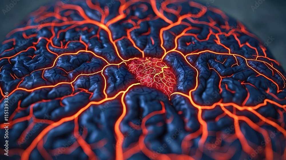 Poster Epilepsy disease concept. Close-up view of a vibrant brain model showcasing intricate neural connections.